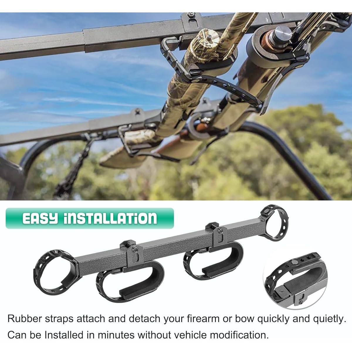 UTV Gun & Bow Rack Overhead-in-Cab Holder (20079) for 1.5-2" Roll Bar for Polaris RZR Ranger Yamaha Can Am Kawasaki Snowmobile Golf Carts, Pack of 2