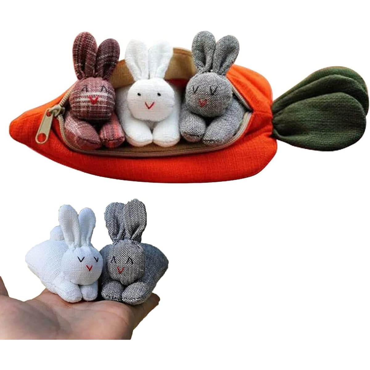 Pumpkin Rabbit in Easter Carrot Pouch, Three Rabbits in Carrot Purse, Carrot Stuffed Animals, Toys, Stuffed Animal Surprise Zip Up Carrot Hideaway, Unzip Rabbit Doll Toy, Easter Doll Zipper Purse