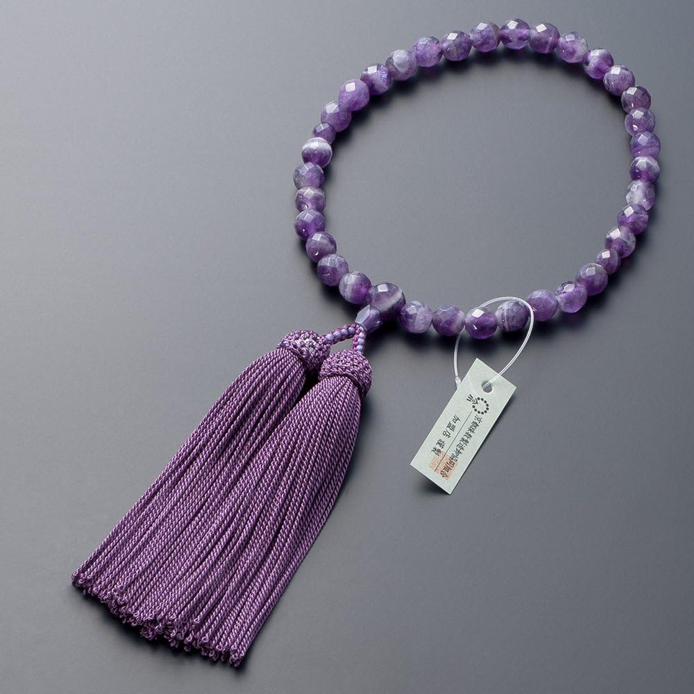 [Buddhist Altar Shop Takita Shoten] Kyoto Prayer Beads for Women, Quartz Amethyst, Faceted Cut, Pure Silk Headed Tassel, Bead Bag Included, Women's Prayer Beads that Can Be Used by All Sects, Certificate Included