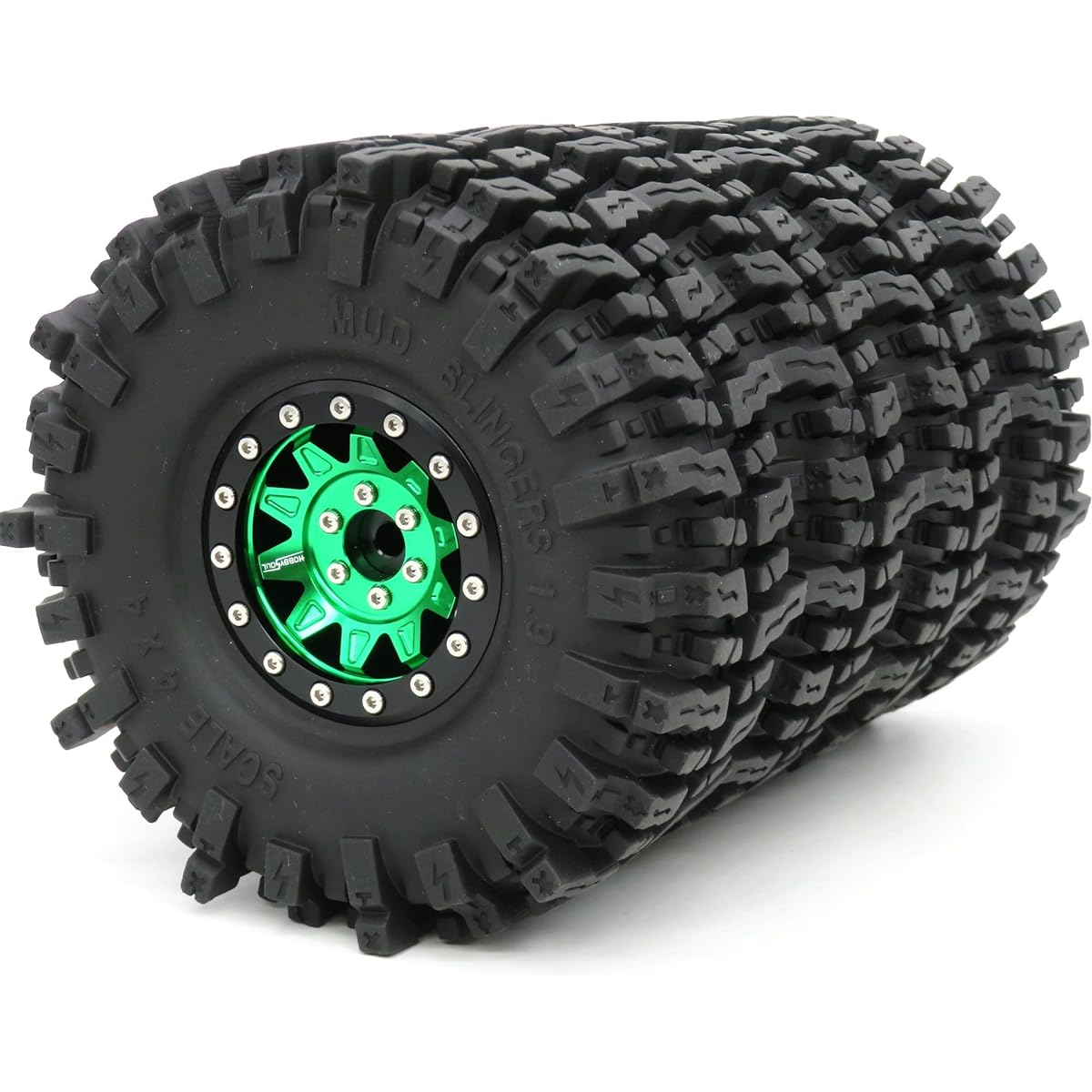 HOBBYSOUL 1.9 Mud Slinger Tires 120mm Mounted on 1.9 Beadlock Wheels Green Black 1.9 Beadlock Wheels and Tires (1.9 Wheel Weights with Heavy Duty Metal Middle Rings) Fits TRX-4 SCX10 (4 Pack)