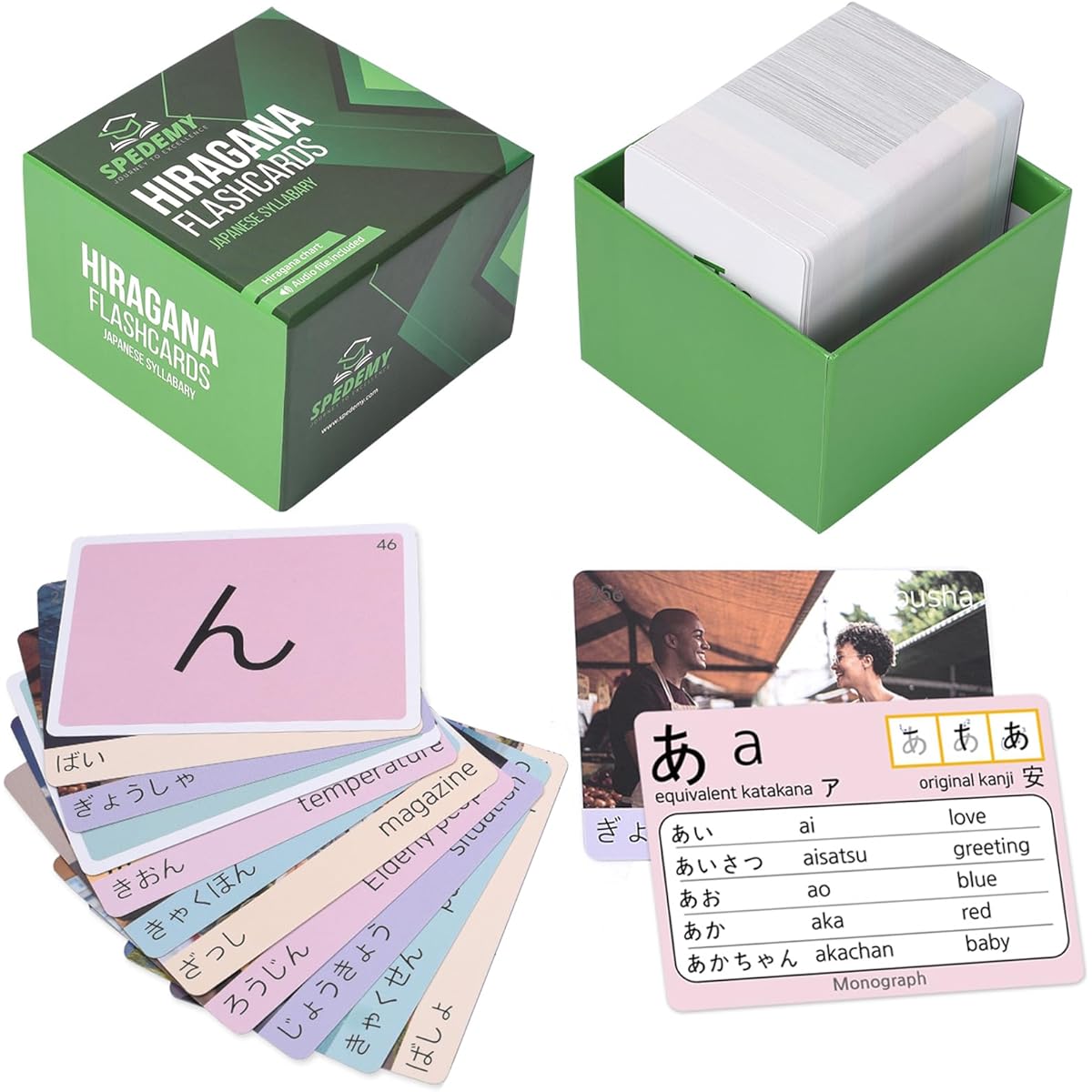 Spedemy Hiragana Flashcards - 266 Japanese Vocabulary Flashcards with Chart - Colorful Photo Cards Hiragana Words Meaning Pronunciation - Alphabet Flashcards for Learning Japanese