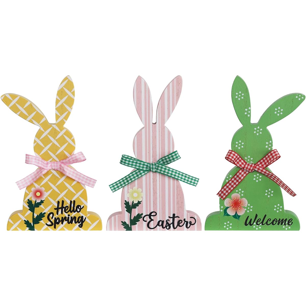 DECSPAS Easter Decorations 3 Pieces Pink Yellow Green Wood Easter Bunny Blocks Set Easter Decoration Large Ribbon Adorable Pattern Festive Sign Easter Table Decoration Centerpiece for Mantel Shelf