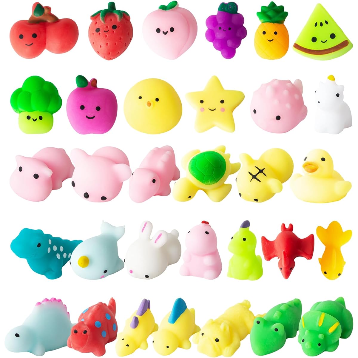 Squishy Fidget Toys Set of 32 Stress Relief Squishy Animal Dinosaur Fruit Kawaii Toys Party Souvenirs Birthday Gifts Class Prizes Halloween Easter Stuffers Fidget Toys for Girls and Boys