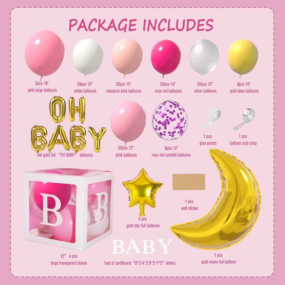 Joysnana Baby Shower Boxes 166 Pieces Party Decorations Individual Baby Block Designs for Boys/Girls Baby Shower Decoration Gender Reveal Balloon Arch Kit Birthday Party Backdrop (Pink)