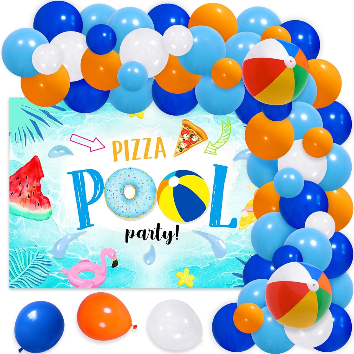 Pool Themed Party Decorations for Boys Beach Balls Orange Blue Balloon Garland Arch Kit with Summer Flamingos Pizza Pool Party Backdrop Baby Shower Pool Birthday Party Supplies