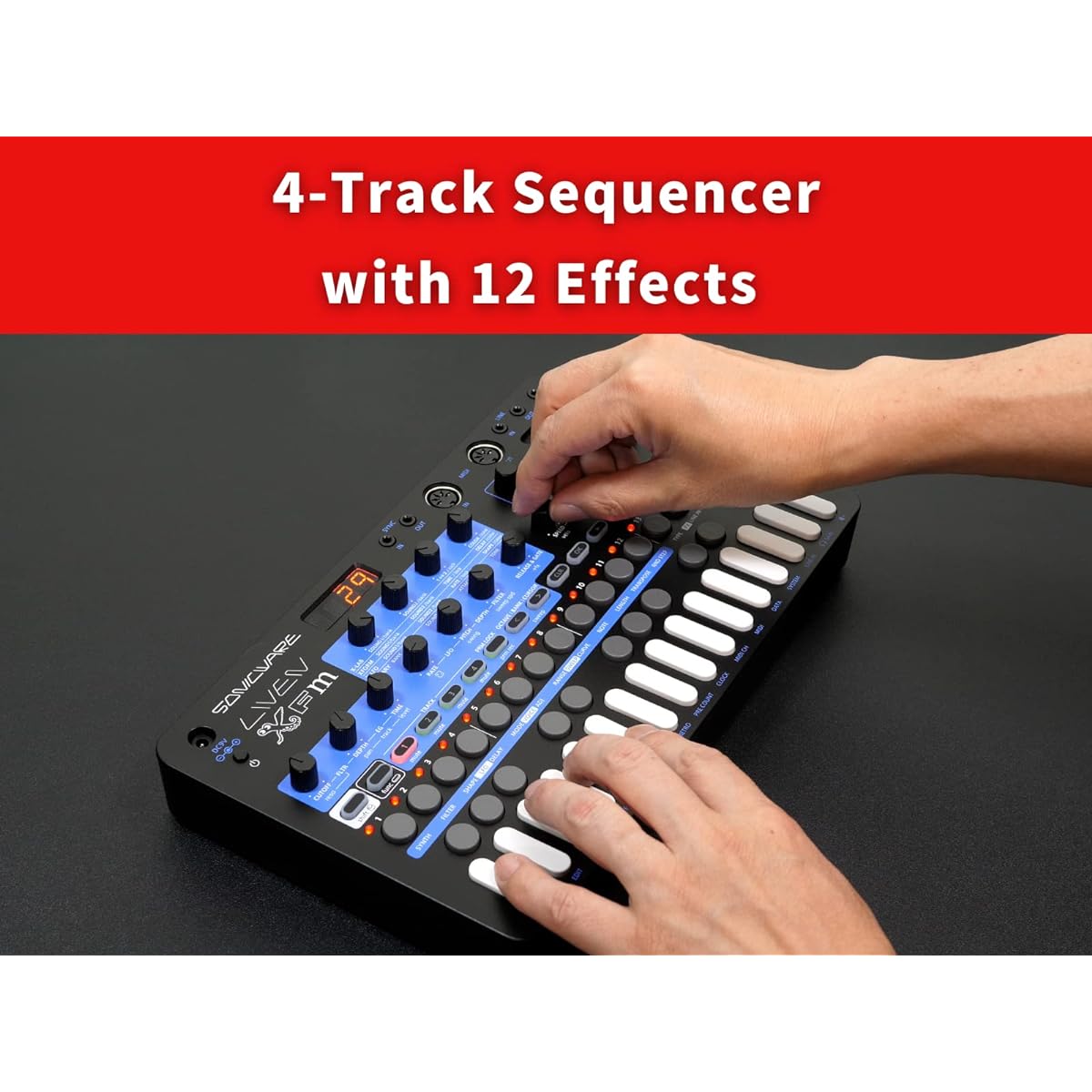 SONICWARE LIVEN XFM [FM synthesizer groove box] 4-track step sequencer, 6 voices, 10 effects, battery powered, built-in speaker