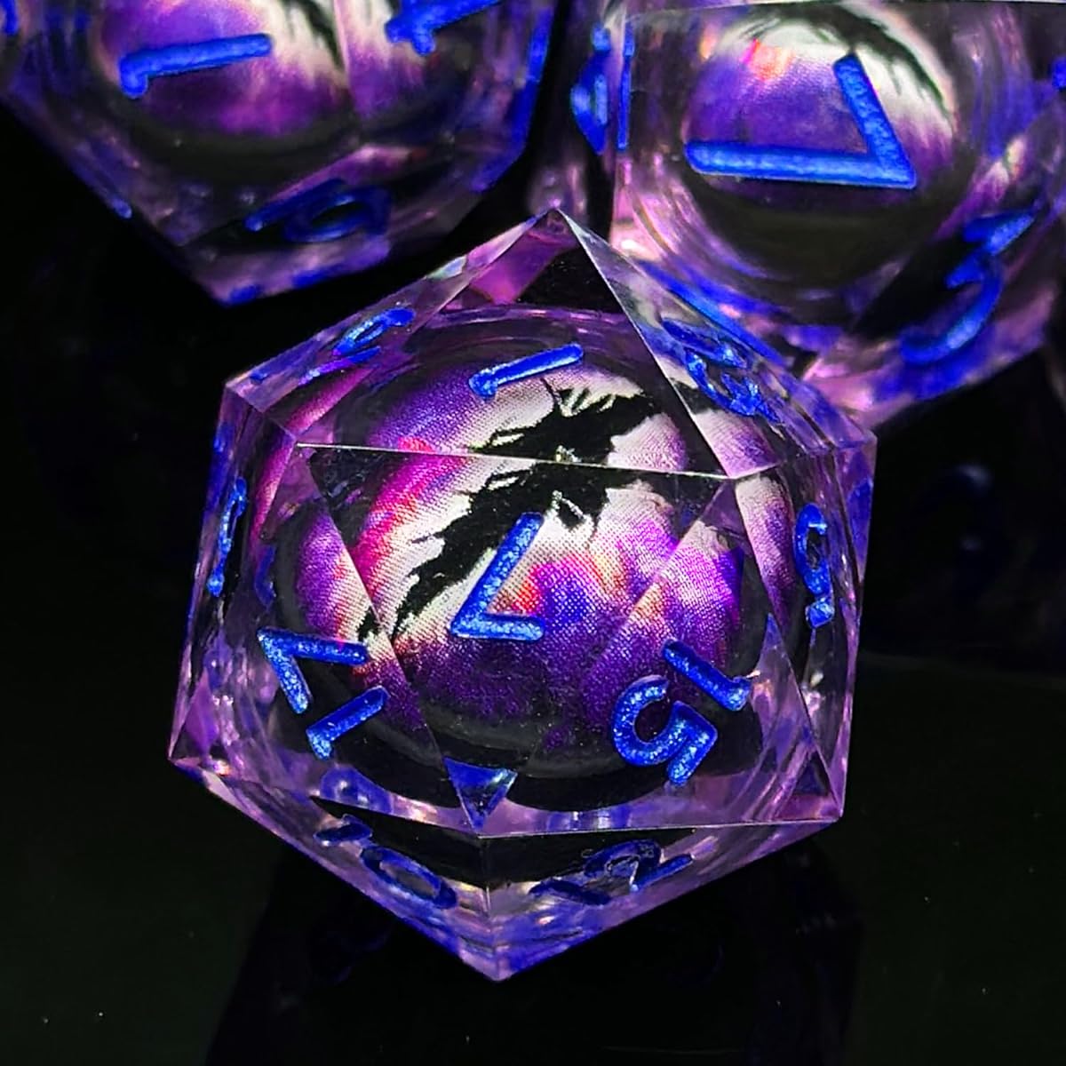 HAOMEJA Resin Dragon Eye DND Dice Set D&D 7 Pieces Resin Sharp Edge Liquid Core Role Playing Dice with Dragon Eye Bag Polyhedral Dungeons and Dragons Dice D20 D12 D10 D8 D6 D4 Purple & Eye Purple