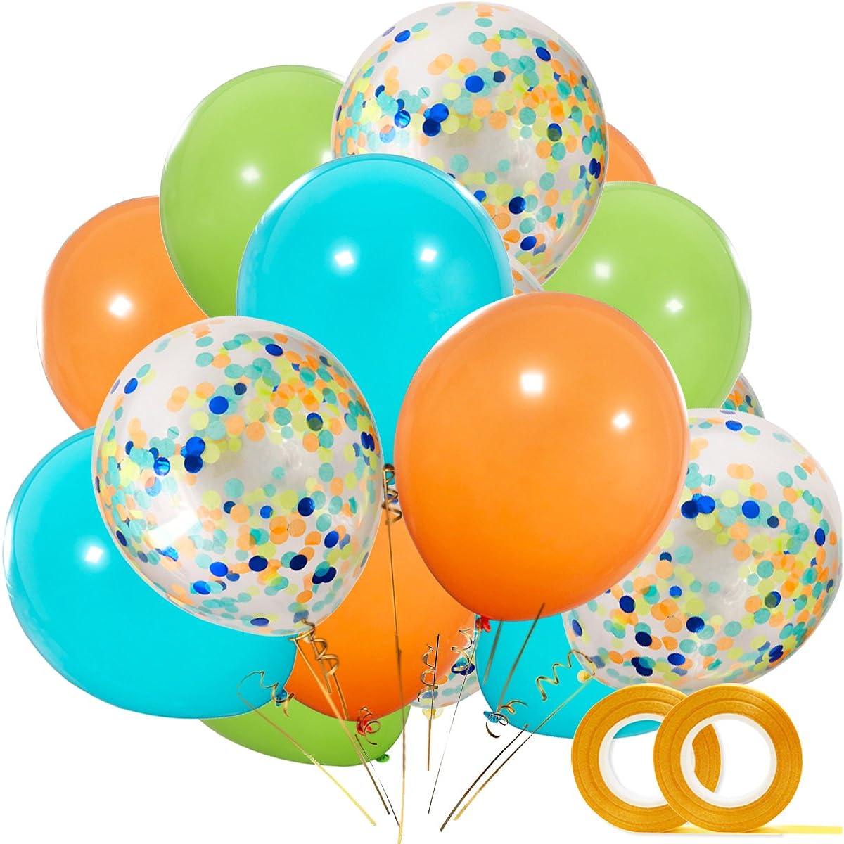 40 Pack Dinosaur Balloons 12 Inch Orange Light Blue Fruit Green Latex Balloons with Confetti Balloons for Baby Shower Dinosaur Jungle Jurassic Birthday Party Decorations with Ribbon