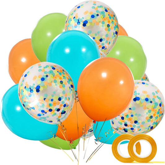 40 Pack Dinosaur Balloons 12 Inch Orange Light Blue Fruit Green Latex Balloons with Confetti Balloons for Baby Shower Dinosaur Jungle Jurassic Birthday Party Decorations with Ribbon