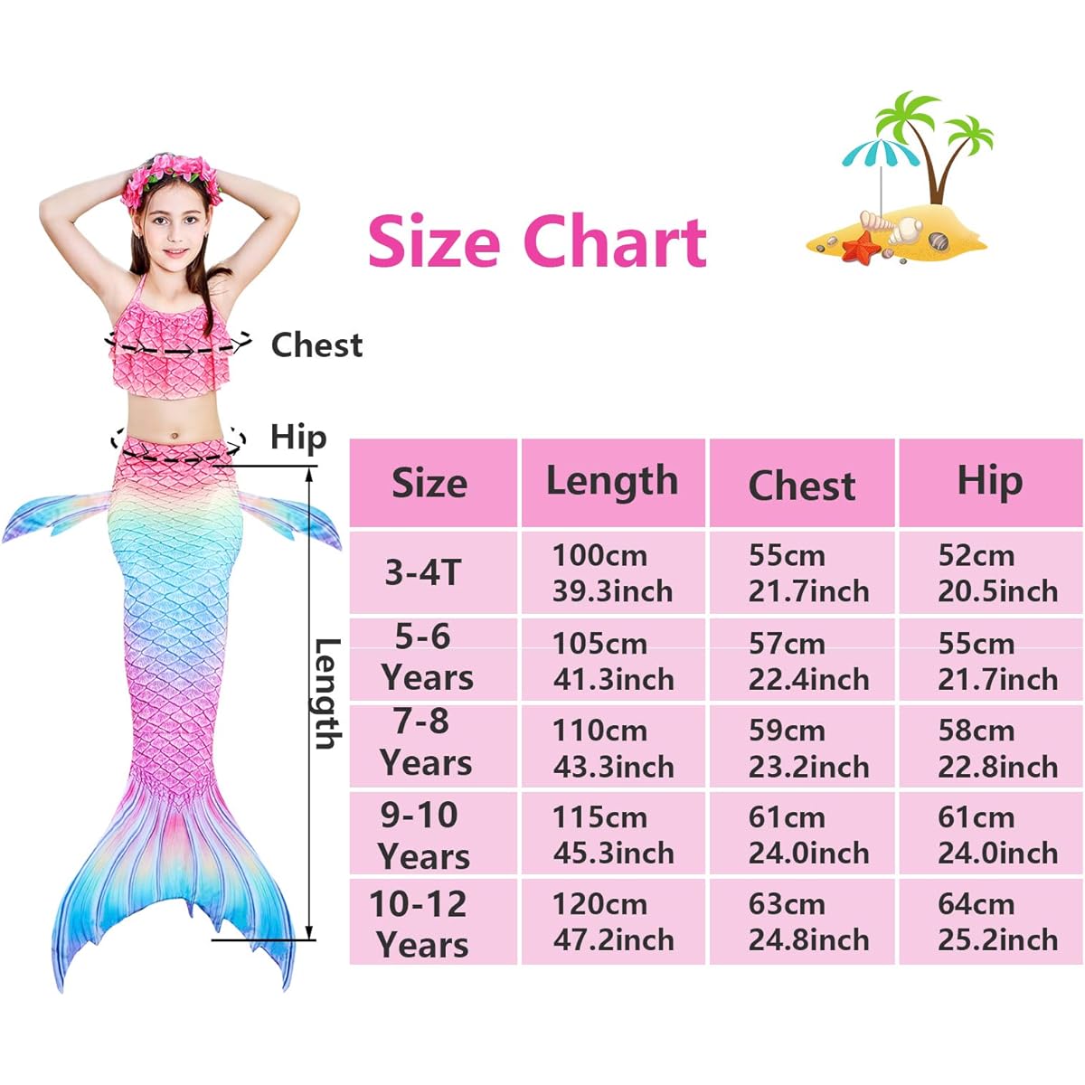 [FUAUFAS] Bxysxly 5Pcs Girls Swimsuit Mermaid Tails for Swimming Kids Bikini Costume Sets with Flower Headband (No Monofin) (GB12-G,3-4T)
