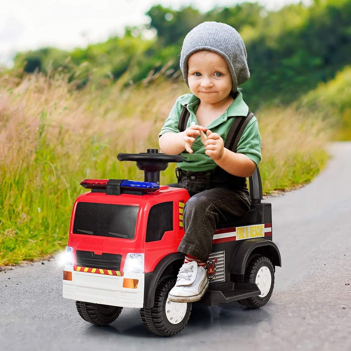 GLACER Kids Ride-On Fire Engine Car Battery Powered 6V Electric Vehicle Horn Siren Music Headlight Children's Electric Firefighter Boys Girls