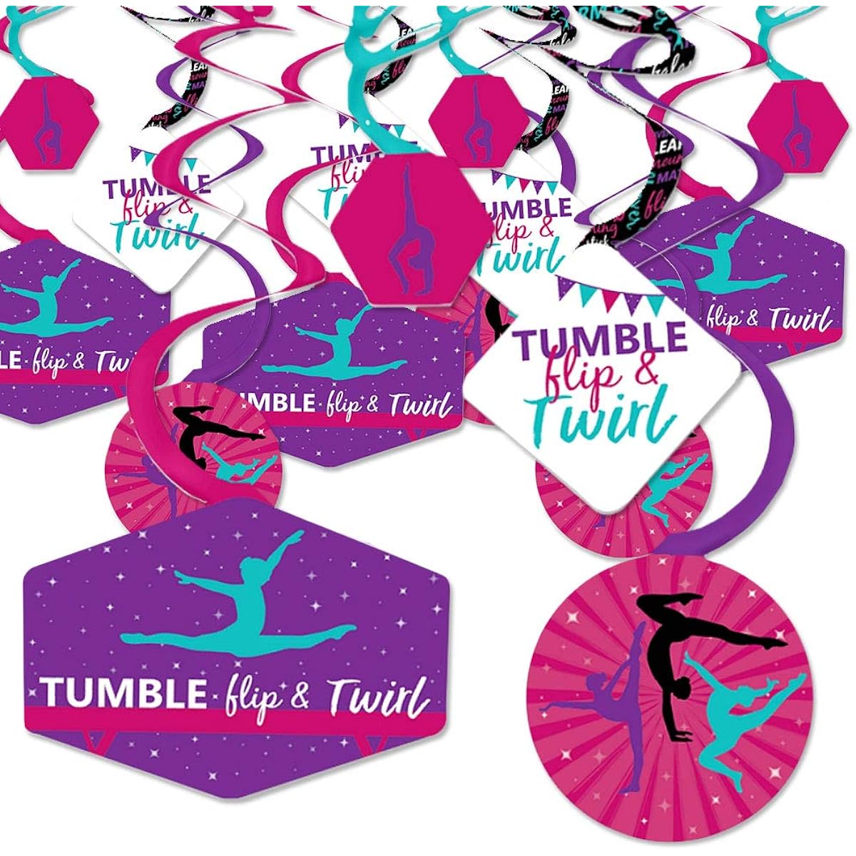 Big Dot of Happiness Tumble Flip & Crew Gymnastics Birthday Party or Gymnastics Party Hanging Decorations Party Decorations Swirls Set of 40
