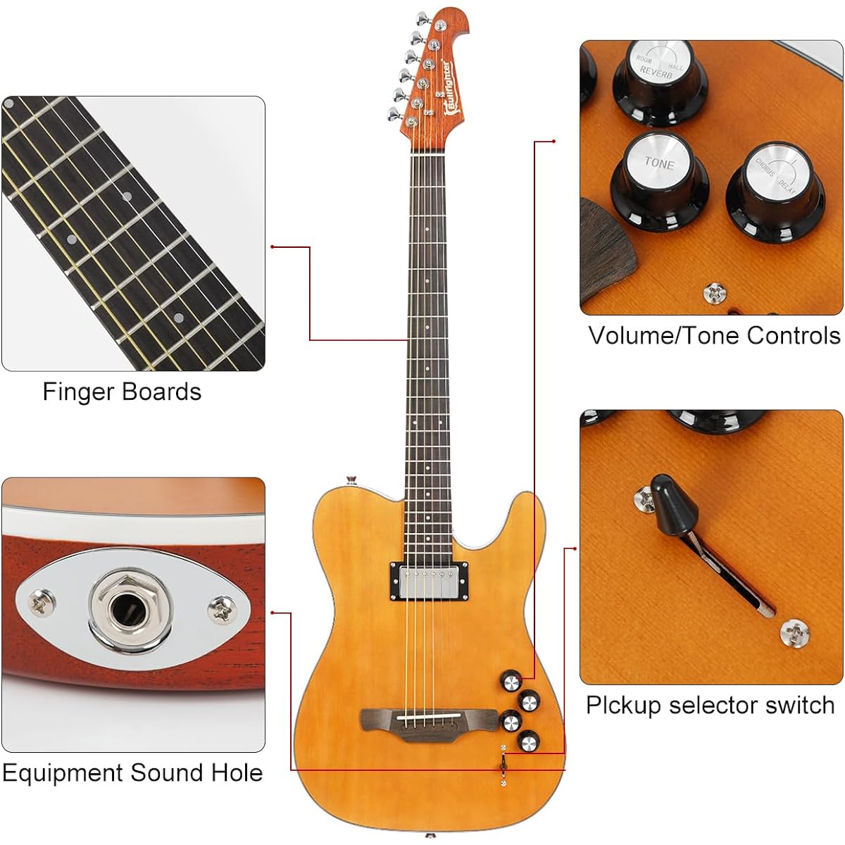 Bullfighter Silent Guitar Acoustic Guitar Travel Guitar Quiet Beginner Practice Steel String Folk Guitar Dual Pickup K10 (wood)