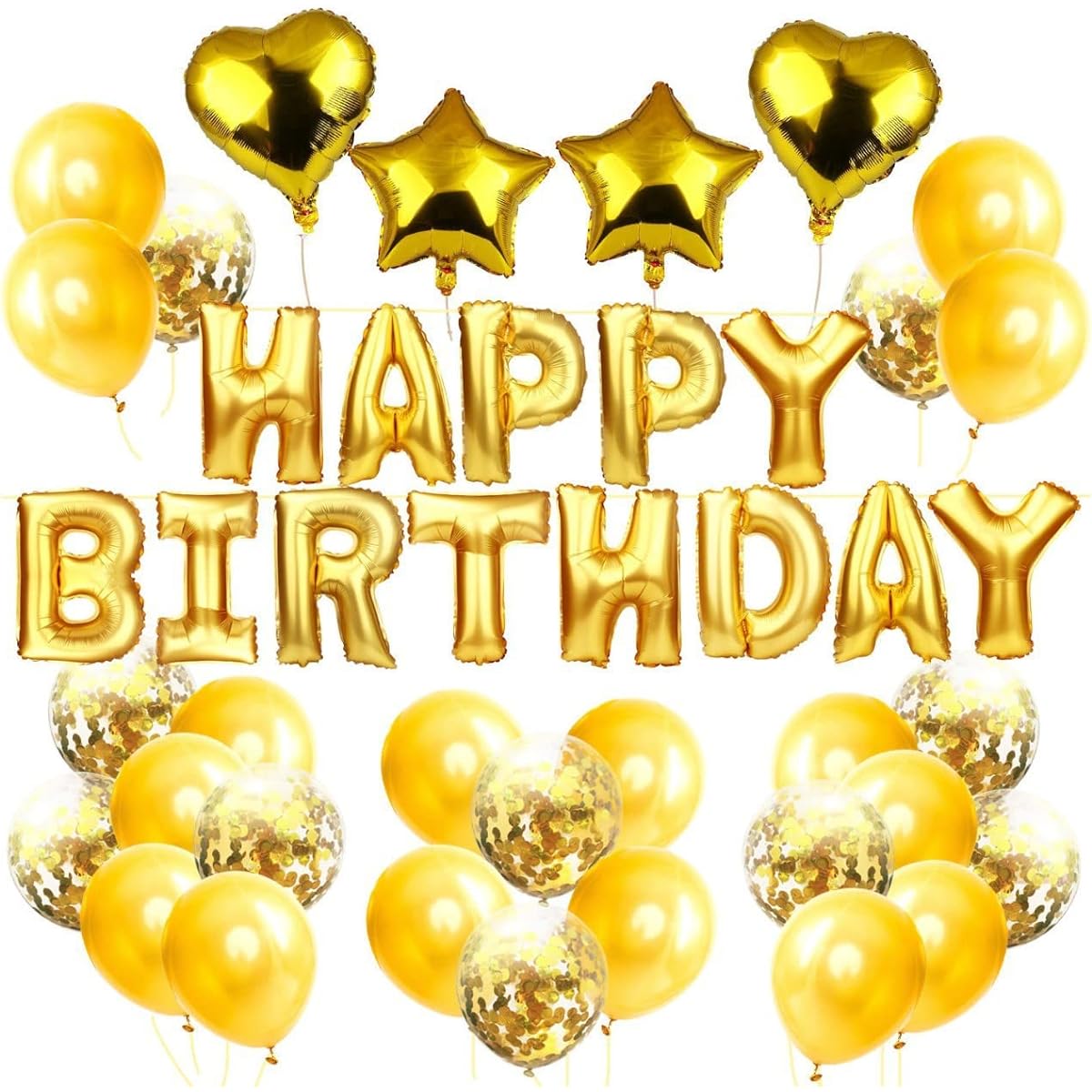 duahappy Happy Birthday Balloon Banner Heart Stars Confetti Balloons for Birthday Party Decorations (Gold)