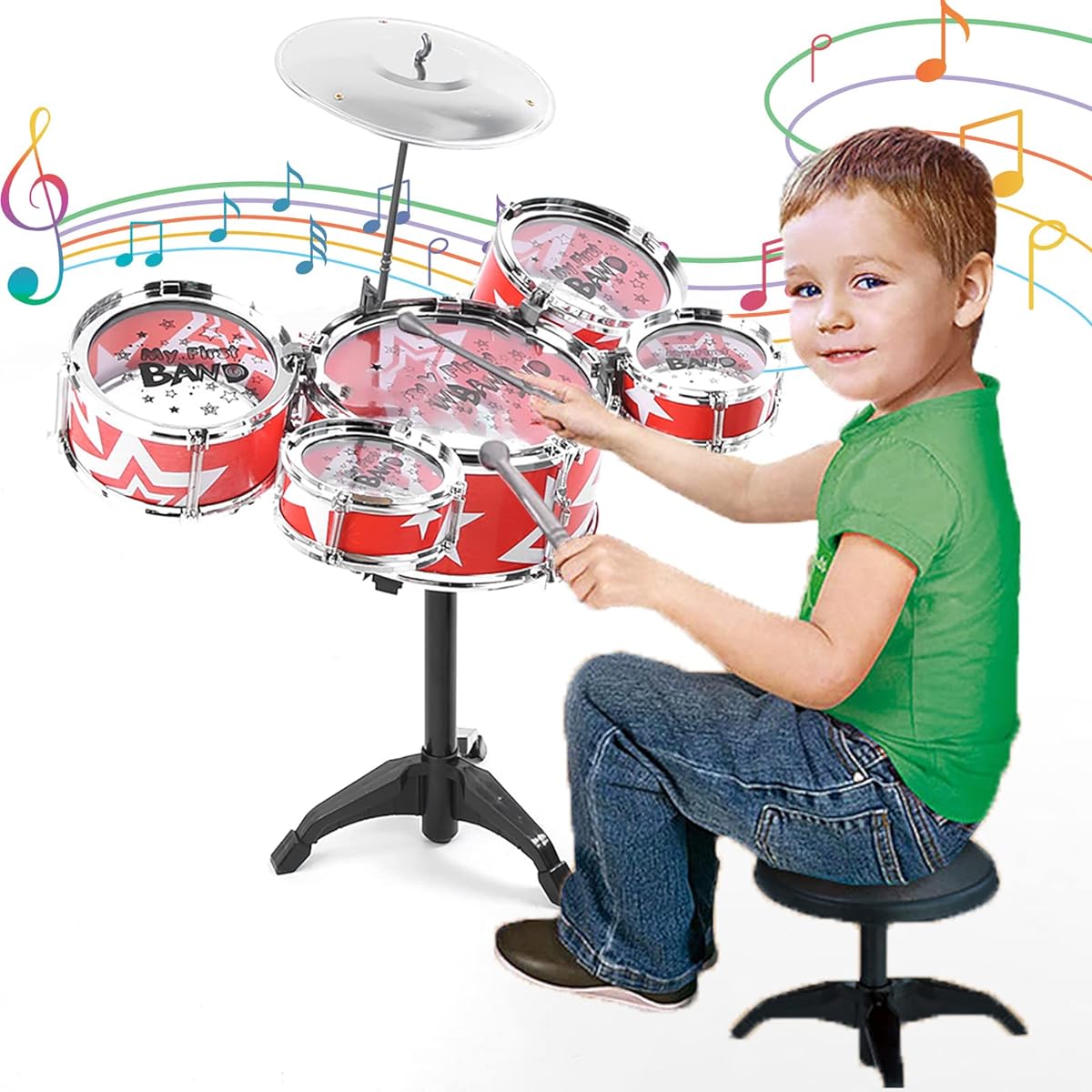 Gaeirt Drum Set Toy for Kids Plastic Simulation Jazz Drum Toy with Stool, Toddler Drummer Kit, Stimulate Musical Talent, Best Gift for Kids Ages 3+ (Red)