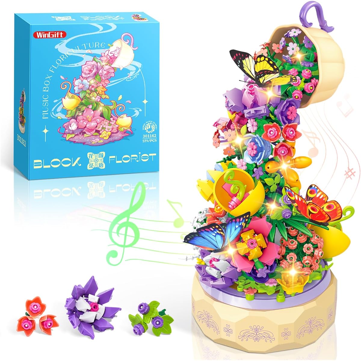 WINGIFT 579 Pieces Flower Music Box Assembly Set, Artificial Flower Series Rotating Music Box Assembly Kit Creative Project Botanical Collection Craft Set for Children Girls Boys Ages 6 7 8 Years Old and Up