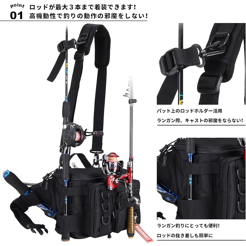 HAKAWAFLY Fishing Bag, Wide Mouth, Large Capacity, Waist Bag, Wide Fishing Bag, 5-Way Tackle Bag, Waterproof, Hip Bag, Multi-functional, Detachable/Left/Left-Left Shoulder Bag, Pad Type, Water Repellent Finished, Includes 2 Rod Holders and 5 Carabiners