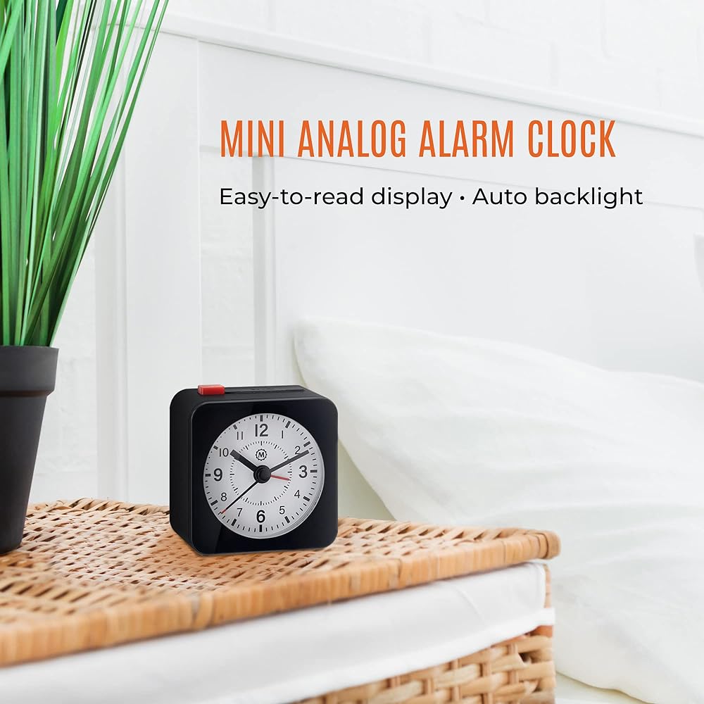 MARATHON Mini Ticking Analog Alarm Clock with Automatic Backlight Snooze Function