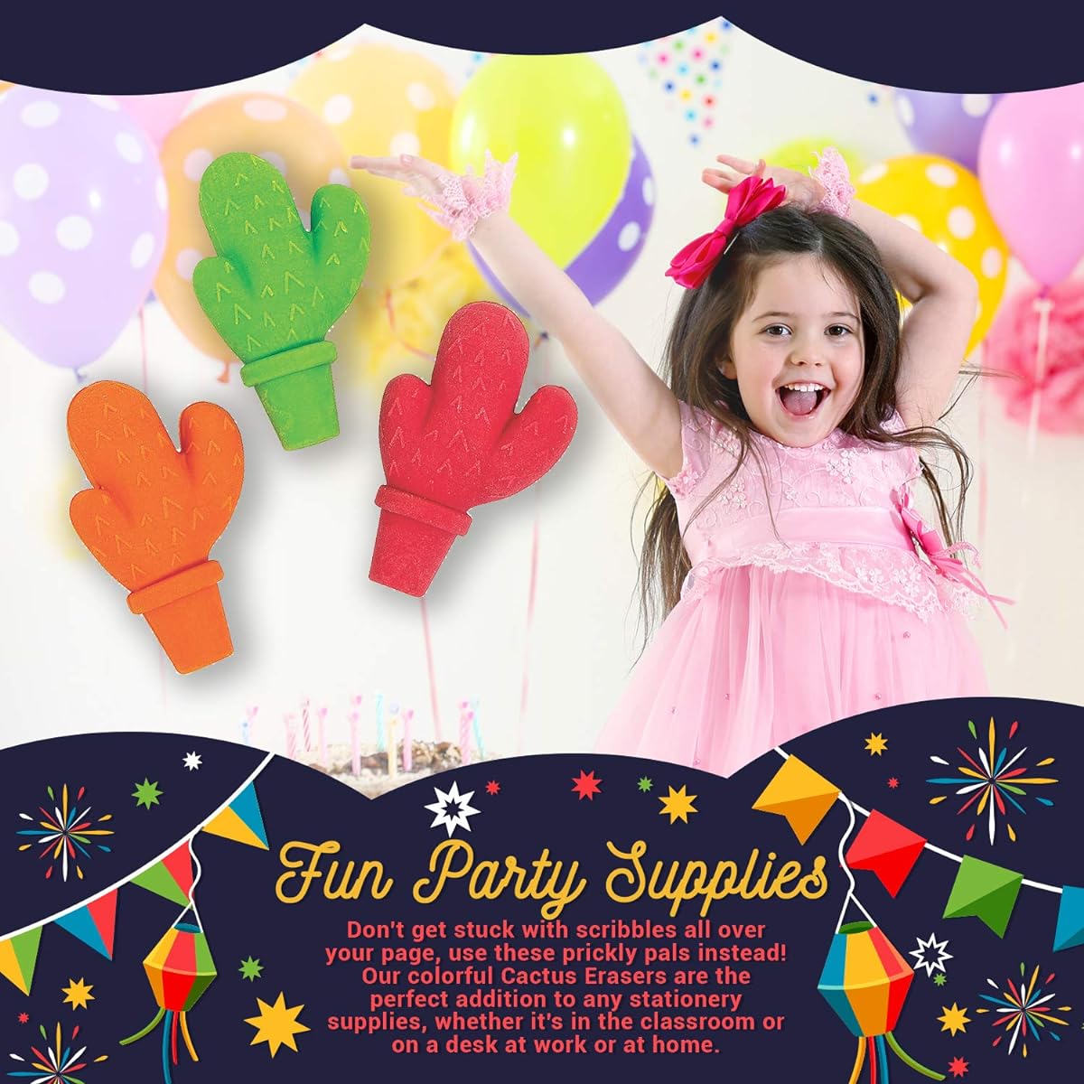 Fun Express Fiesta Cactus Erasers | 24 Pieces | Themed Birthday Parties, Halloween, Trick or Treat, School and Classroom Giveaways, Prizes, Giveaways, Favors