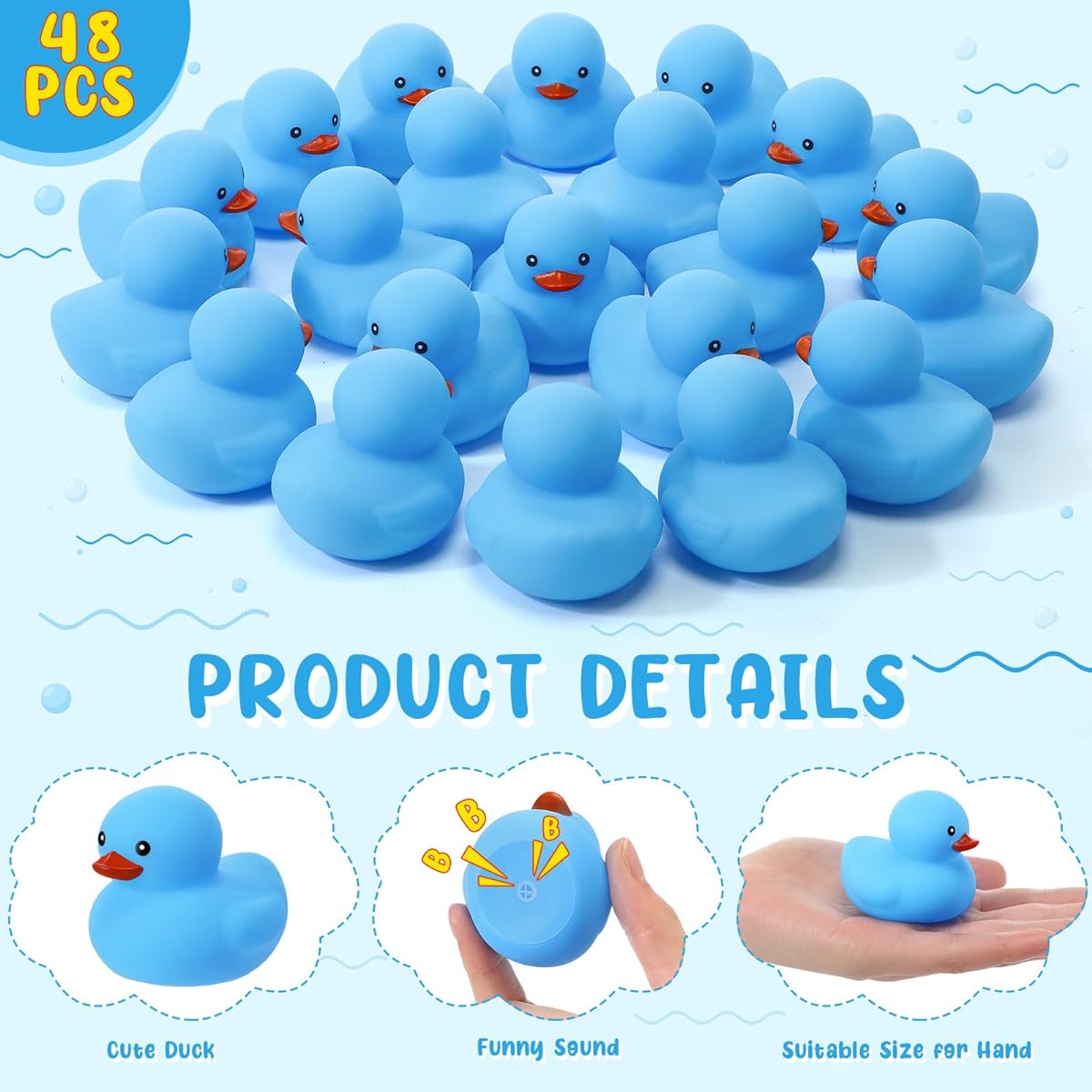 48pcs 2inch Mini Rubber Ducks for Kids Party Favors Bulk Bath Duck Summer Pool Floating Toy Rubber Duck Birthday Gift Boys Girls Baby Shower Supplies (Blue)