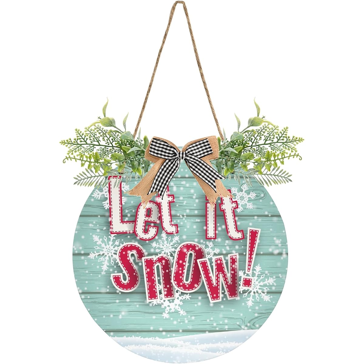 Let It Snow Wreath Door Hanger with Plaid Ribbon Winter Christmas Round Door Sign 12 Inch Wreath Porch Outdoor Decoration Housewarming Gift