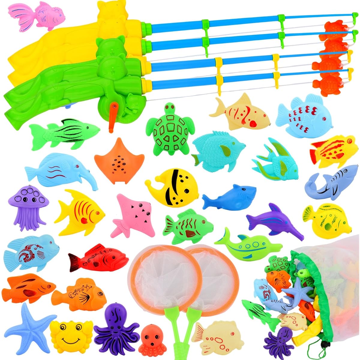 AUUGUU Magnetic Fishing Game Water Toy - 4 Fishing Rods, 4 Nets and 50 Colorful Magnetic Fishes for Kids Pool, Water Table, Bath Fun - Toddler Toys for Ages 3-5