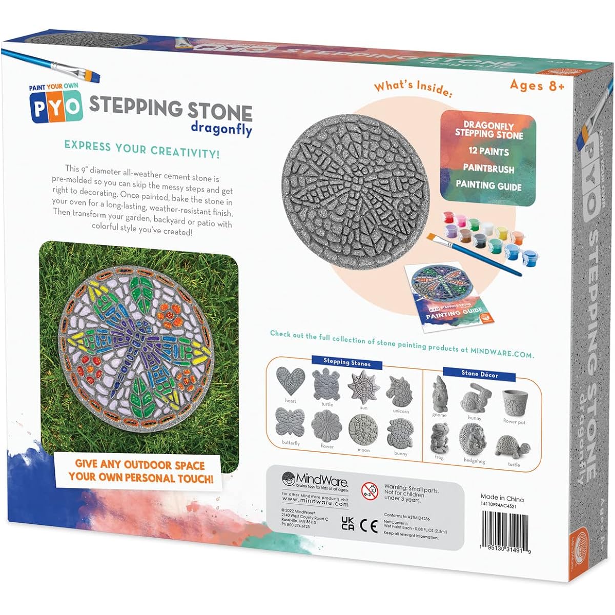 MindWare Paint Your Own Stepping Stones: Dragonfly – DIY Stepping Stones Kit for Ages 8+ – Includes 12 Paint Colors, 1 Paint Brush & 1 Paint Guidebook