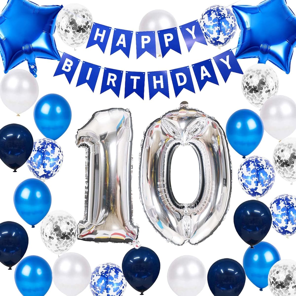 10th Birthday Decorations Blue for Boys Happy Birthday Banner Blue Number 10th Birthday Star Foil Balloons 10th Birthday Confetti Balloons 2 Digits 10th Birthday Supplies for Boys (10 Years Old)
