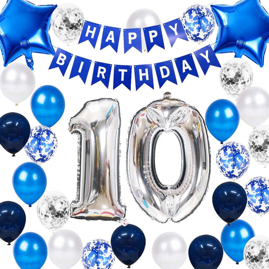 10th Birthday Decorations Blue for Boys Happy Birthday Banner Blue Number 10th Birthday Star Foil Balloons 10th Birthday Confetti Balloons 2 Digits 10th Birthday Supplies for Boys (10 Years Old)