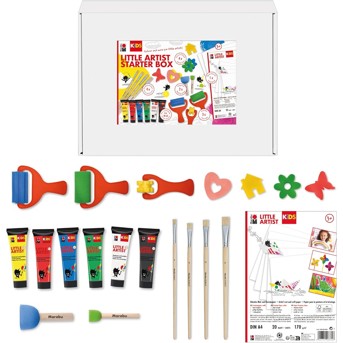 Marabu Kids Little Artist Box Children's Supplies Arts & Crafts Starter Kit 6 x 36ml Multicolor Paint 20 A4 Papers 4 Brushes Paint Roller