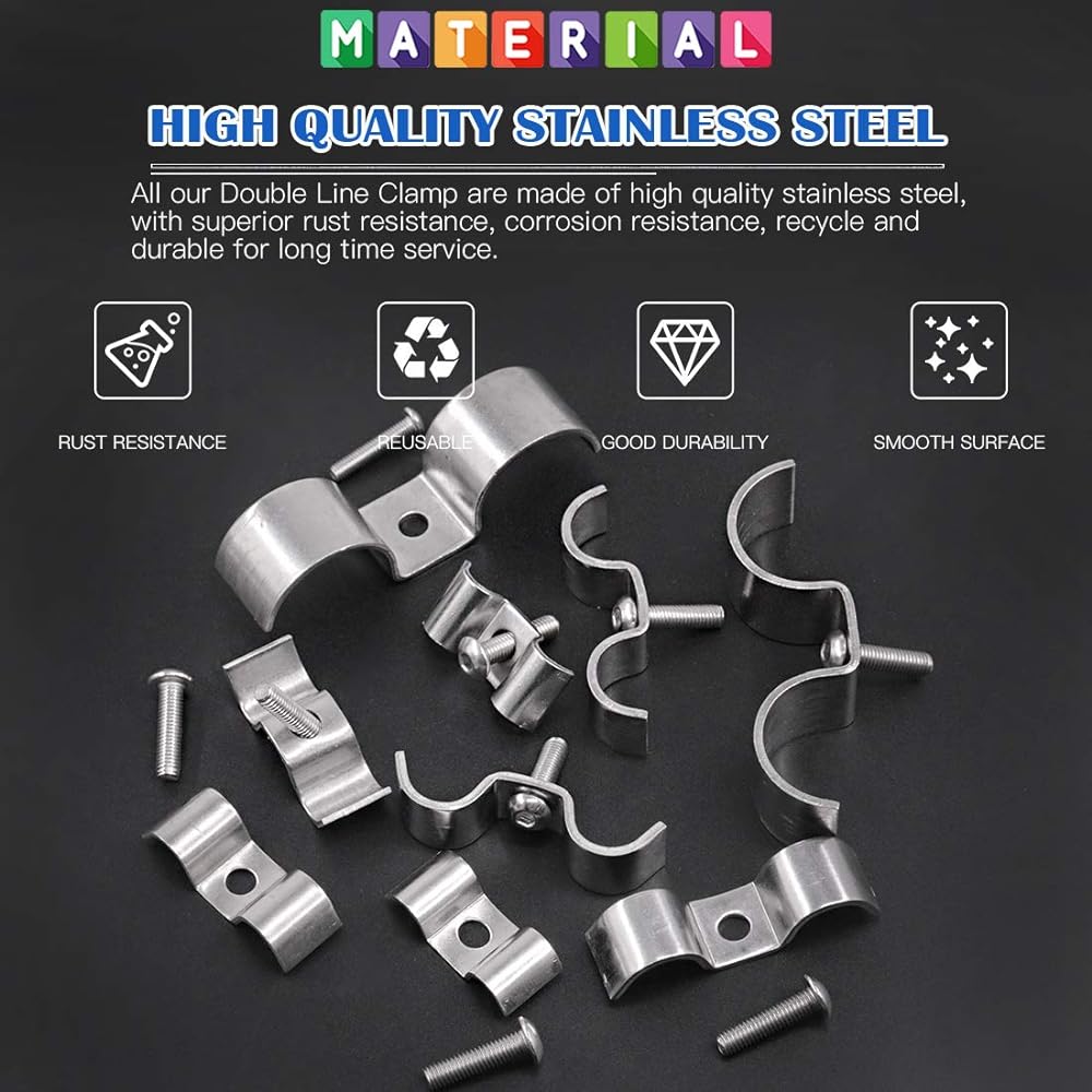 Glarks 50 Pieces 5/16" 3/8" 1/2" 5/8" 1" Stainless Steel Double Line Clamps Fuel Line Clips with Mounting Screws Assortment Kit for Brake/Fuel Lines/Tubing