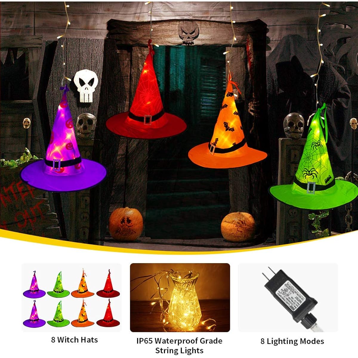 Tcamp Halloween Decorations Witch Hat Lights with Outdoor Lights, 8pcs Glowing Witch Hats 40ft 104LED Halloween Light String for Indoor/Outdoor/Garden/Tree Decor (8 Lighting Modes