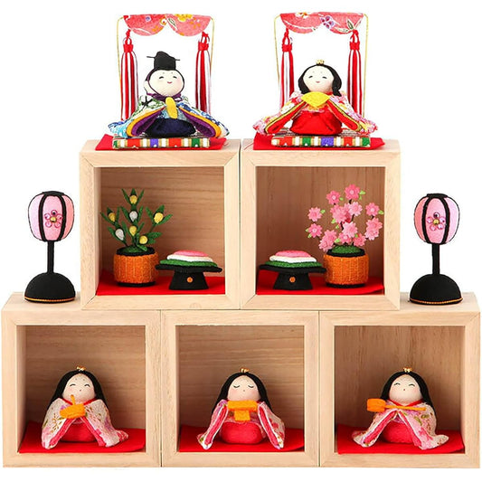Hina Doll Ryukodo Chirimen Compact Hina Doll Five-Person Decoration Box-Tier Decoration Set with Masu and Rhinestones h303-rkcp-1-794