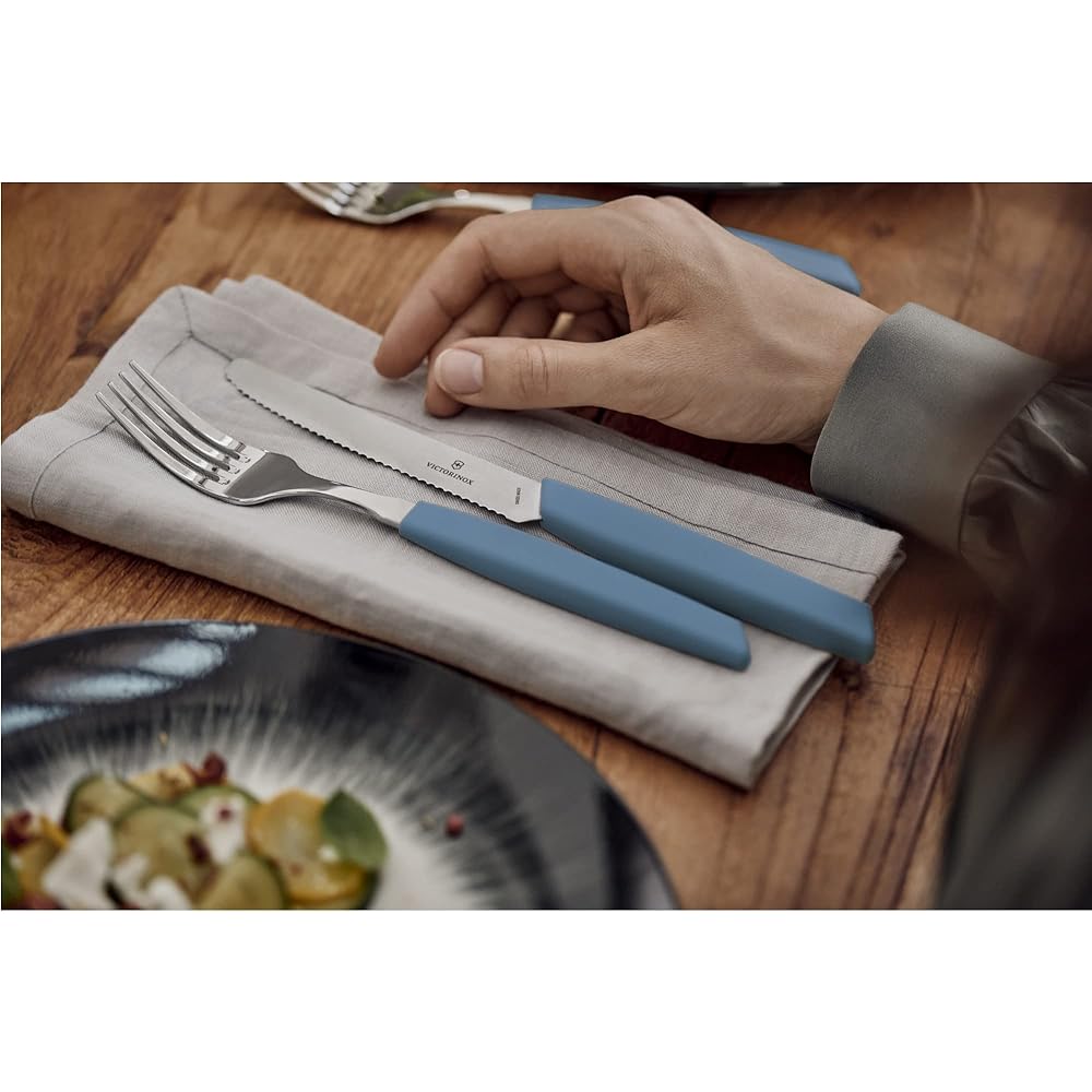 VICTORINOX Cutlery Table Set, Fork, Steak Knife, and 24 Spoons Set, Cornflower, Elegant Ergonomic Table Set to Decorate Your Dining Table, Dishwasher Safe, Swiss Modern 6.9096.11W2.24
