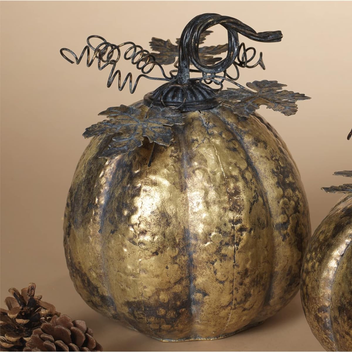 One Holiday Way 9" Rustic Distressed Gold Metal Tall Decorative Harvest Pumpkin with Leaf and Vine Accents - Elegant Fall Table Decor - Countryside Harvest Thanksgiving Halloween Fall Decor
