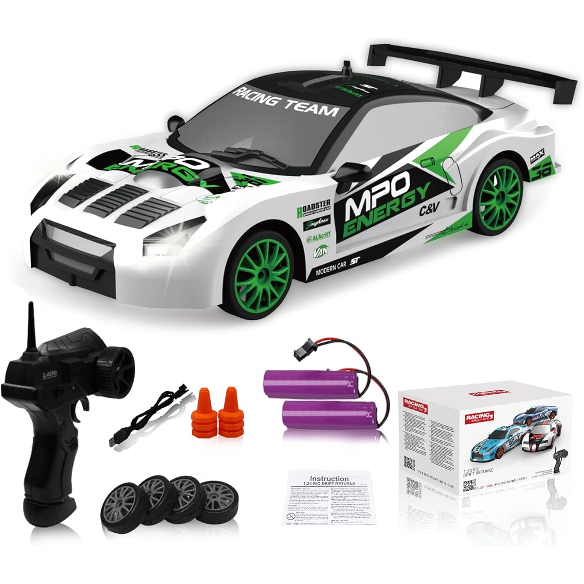 Remote Control Car RC Drift Car 2.4GHz 1:24 Scale 4WD 15KM/H High Speed Model Vehicle LED Light Drift Tire Racing Sports Toy Car Adult Boys Girls Kids Gift 2pcs Rechargeable Batteries