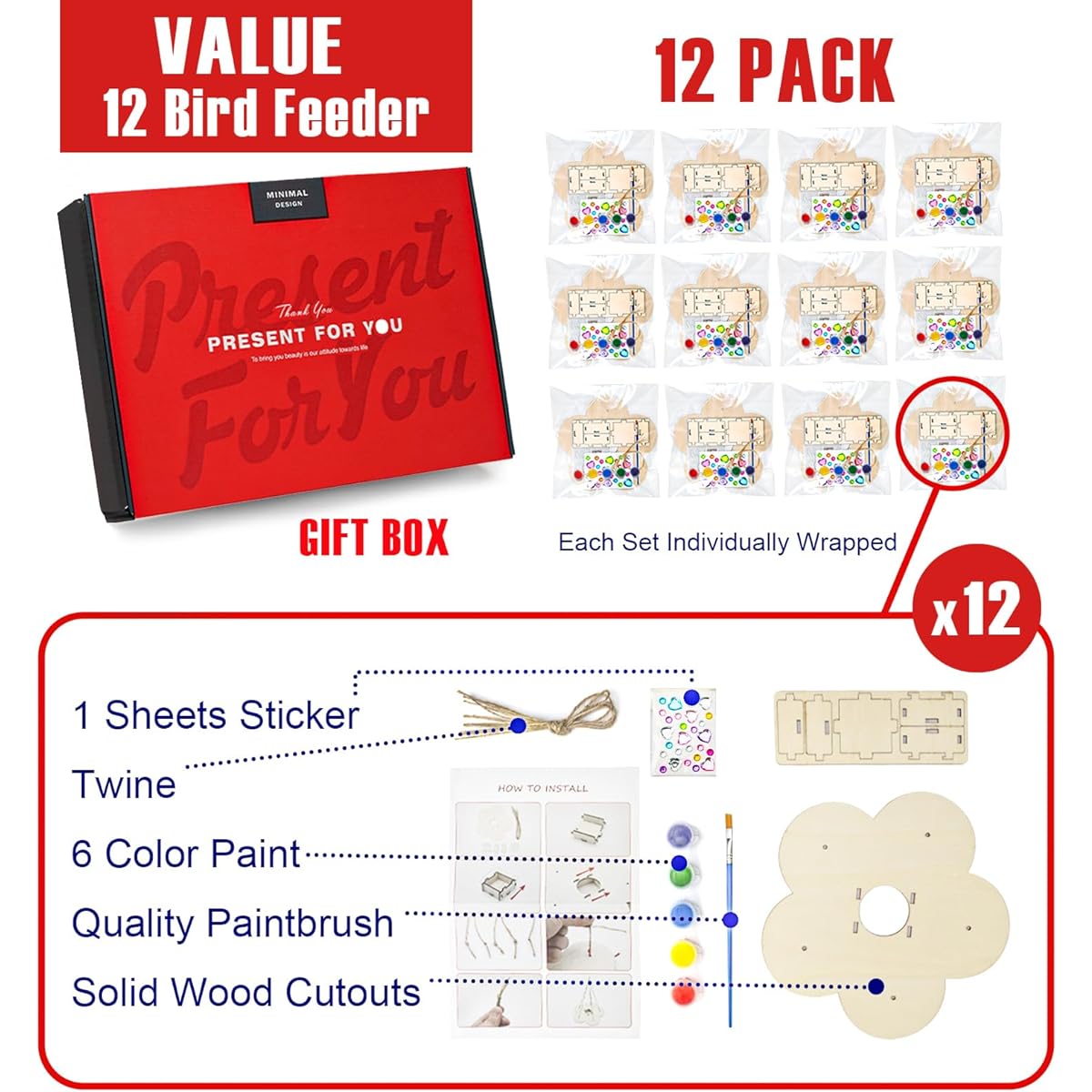 AluAbi Bird Feeder Kit, 12 Pack DIY Bird Feeder for Outdoor Hanging (Paint & Brush Included), Wood Craft Art for Kids to Build and Paint, Classroom Activity, Easter Gift for Kids Girls Boys