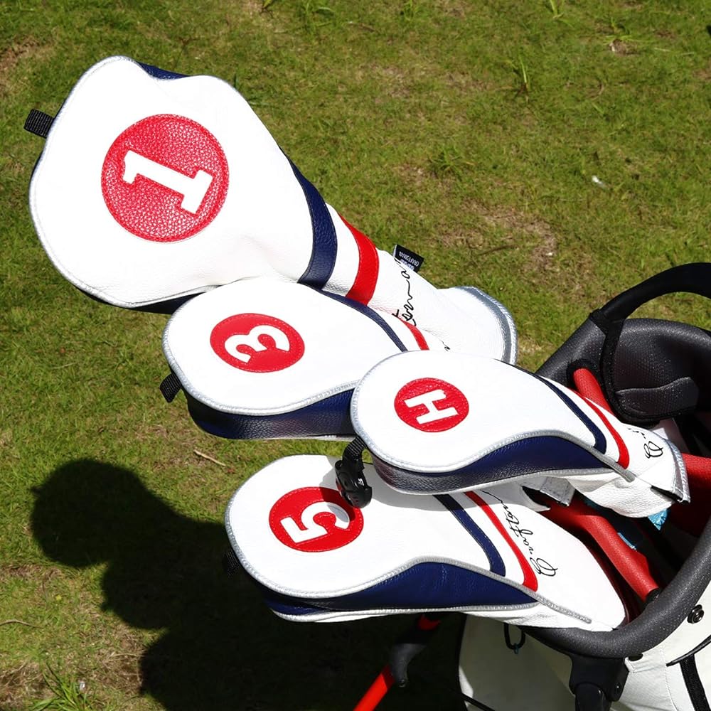 CRAFTSMAN Golf Wood Cover Head Cover Club Cover for Driver/Fairway Wood/Hybrid with Number Tag Set of 4 (135H) Three Piece Simple Design Synthetic Leather White Blue Red