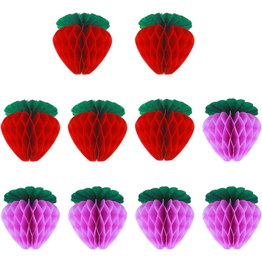 10pcs Strawberry Honeycomb Balls, Strawberry Birthday Party Supplies Fruit Theme Strawberry Table Centerpieces Tissue Paper Honeycomb Tabletop Hanging Decorations for Party Baby Shower