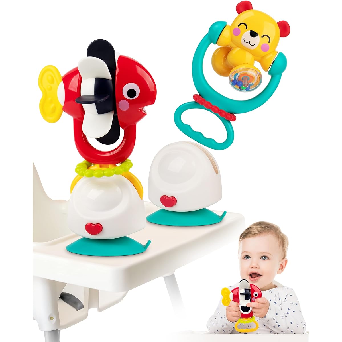 Vanmor High Chair Suction Toy Baby Rattle 6-12 Months 2 in 1 Toddler High Chair Toy with Suction Cup Baby Toy 12-18 Months Toddler Table Tray Toy for 1 Year Old 2 Year Old Boys Girls