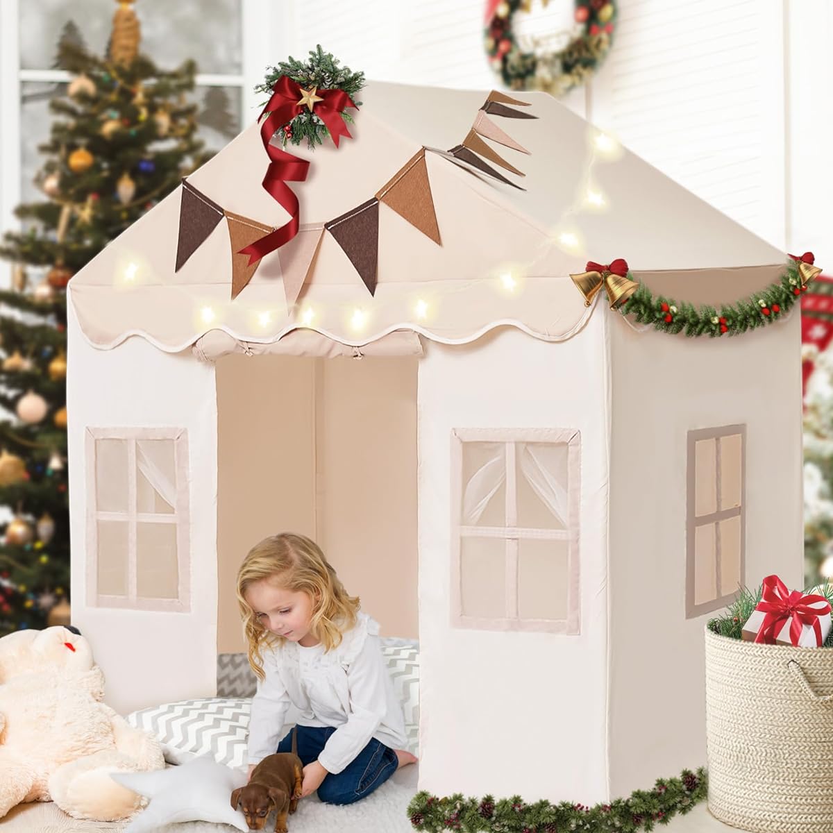 little dove Kids Tent with Window, Kids Playhouse Indoor & Outdoor with Mat/Banner/Lights, Large Play Tent for Kids Girls Boys Toddler Tent, Reading Tent, Washable, Foldable, 52x35x53 Inch
