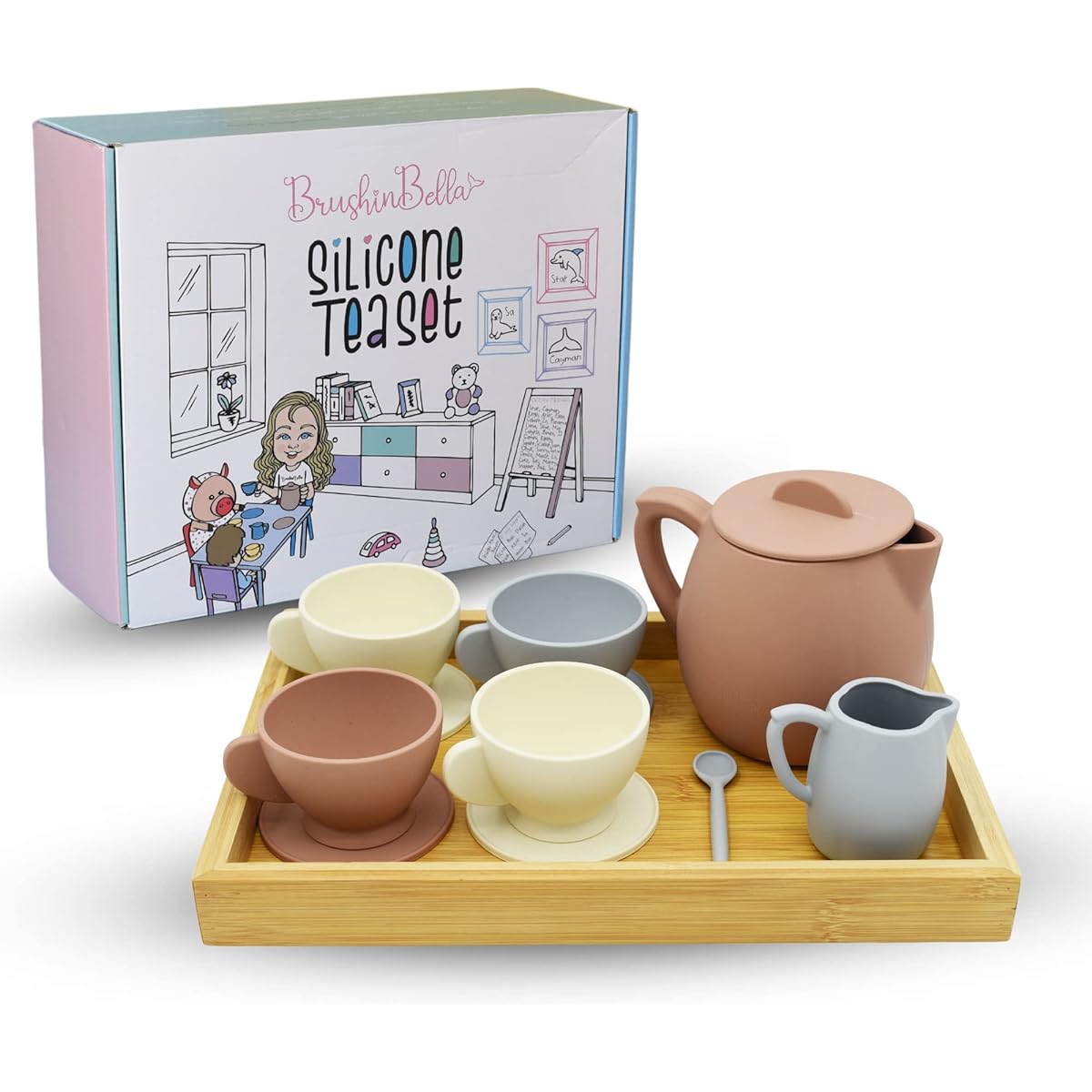 BrushinBella Silicone Tea Party Set - 12 Piece Toy Tea Set for Toddlers - Safe Kids Play Tea Set - Durable Toy Teapot, Creamer, Tea Cups - Dishwasher Safe Mini Tea Set - Cute Tea Party Set for Toddlers