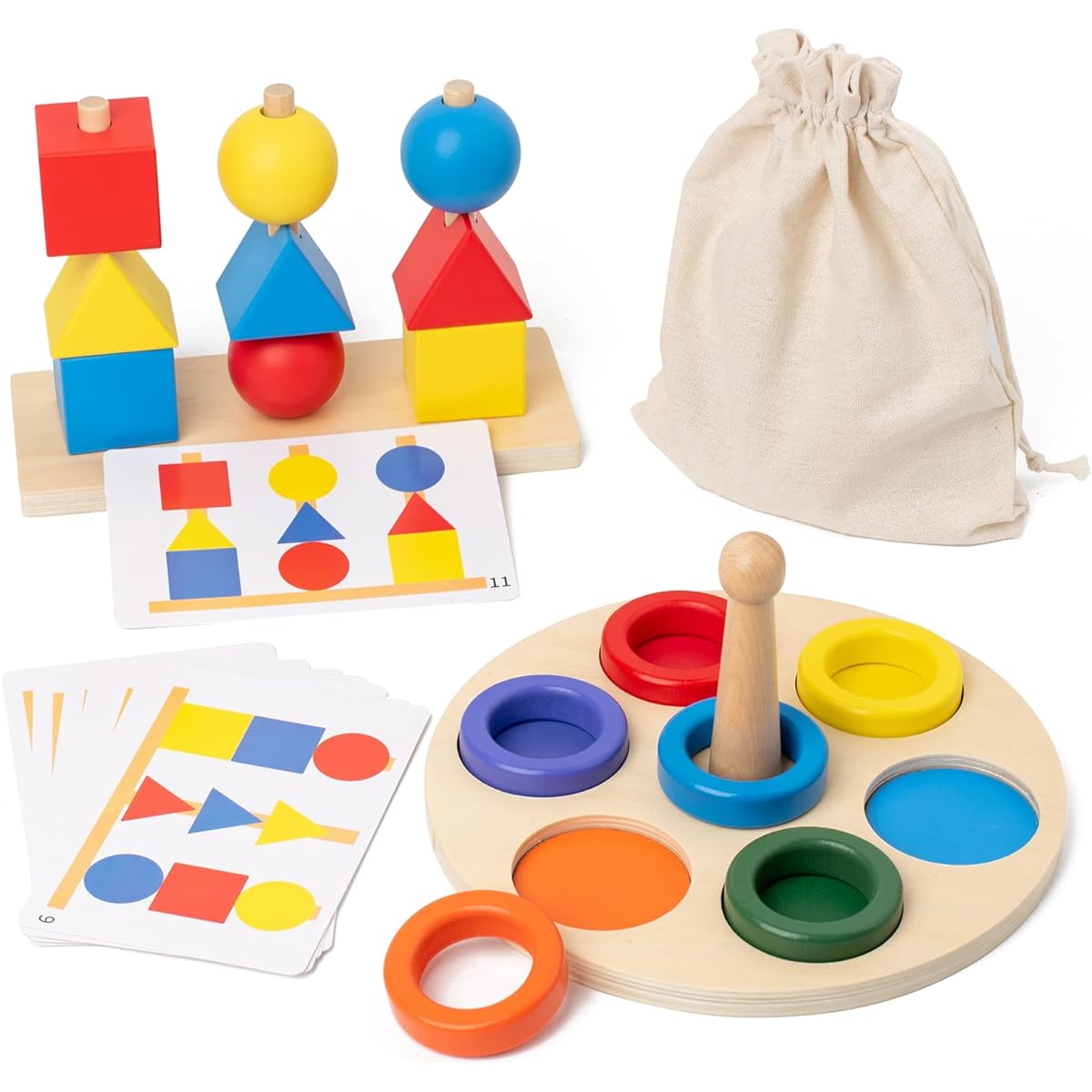 Busy edition Montessori Toys for Babies 6-12 Months Wooden Beads Sequencing Toy Set Stacking Blocks & Shape Stacker Toys for 1 2 3 Year Old Toddlers