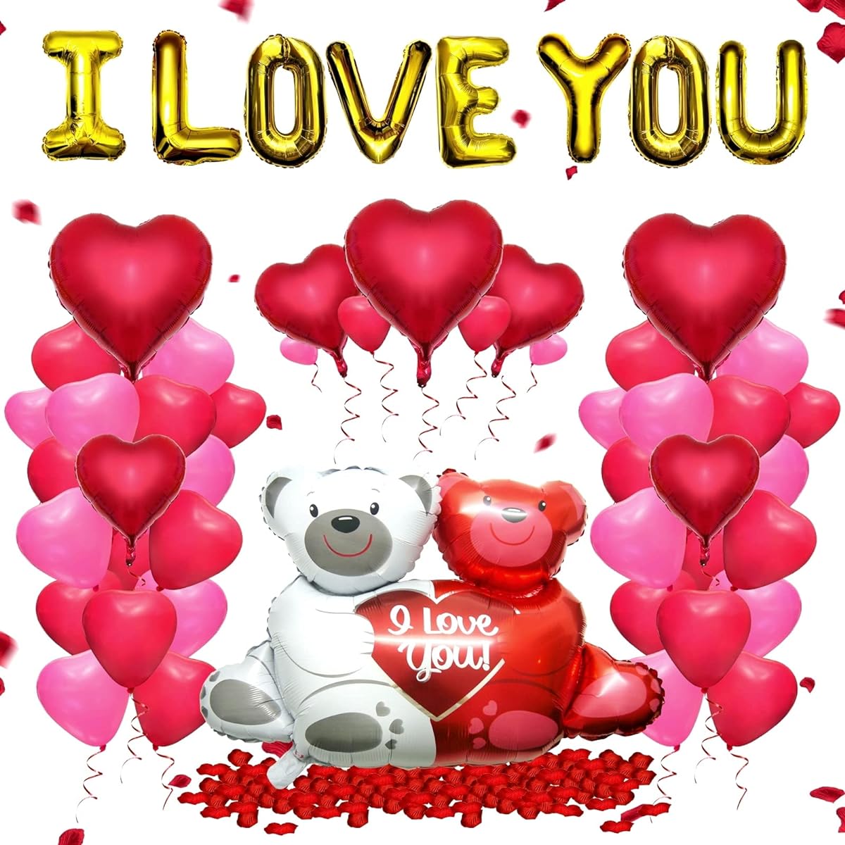 I LOVE YOU Balloons Heart Balloons Valentine Balloon Set Love Bear and Heart Balloons Valentine's Day Decorations Red Rose Petals Romantic Decorations Special Night Valentine's Party Decorations