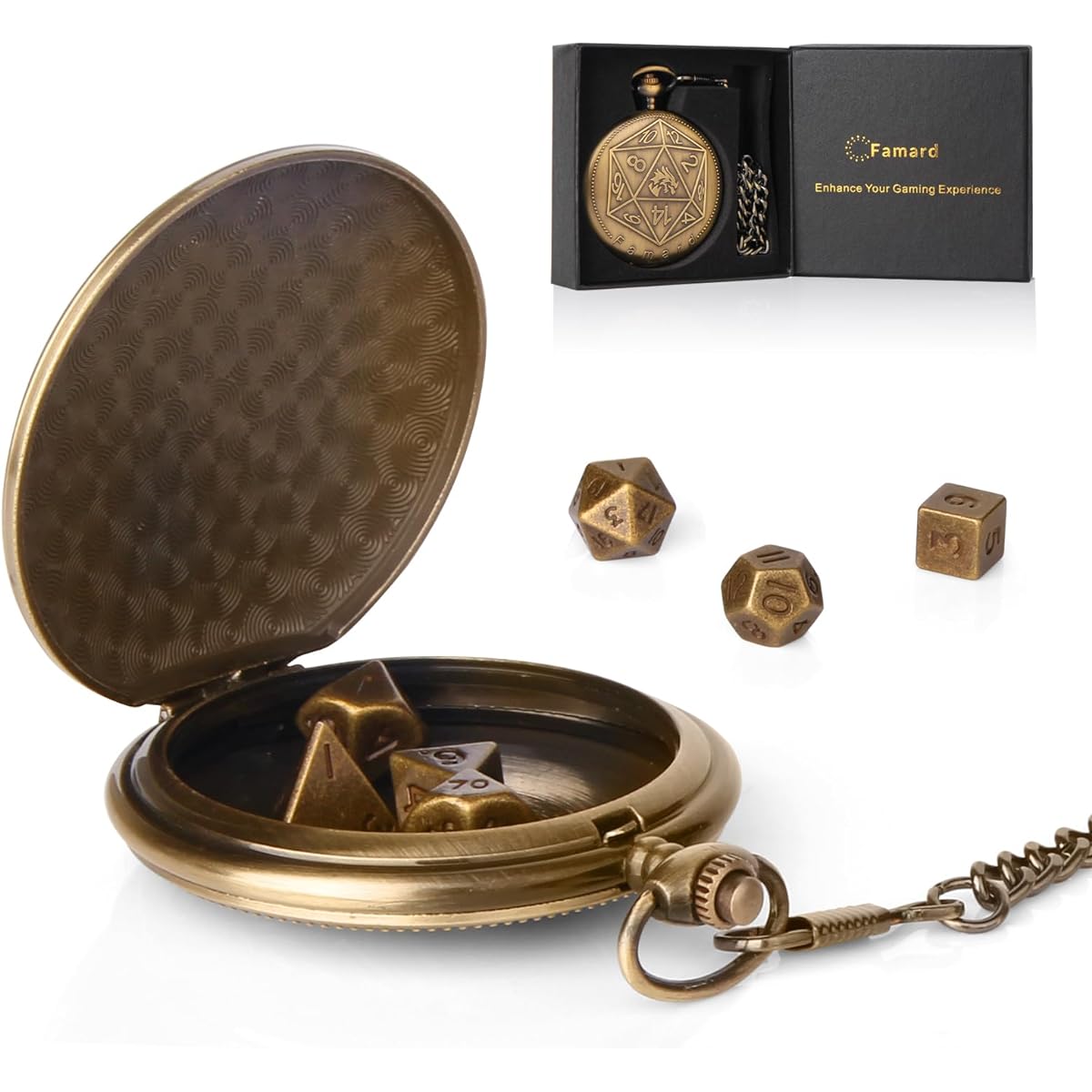 Famard 10mm Small DND Dice Set with Vintage Pocket Watch Shell Case Polyhedral Metal D&D Dice Set Dungeons & Dragons Gifts RPG MTG Games Role Playing Board Games Made of Bronze