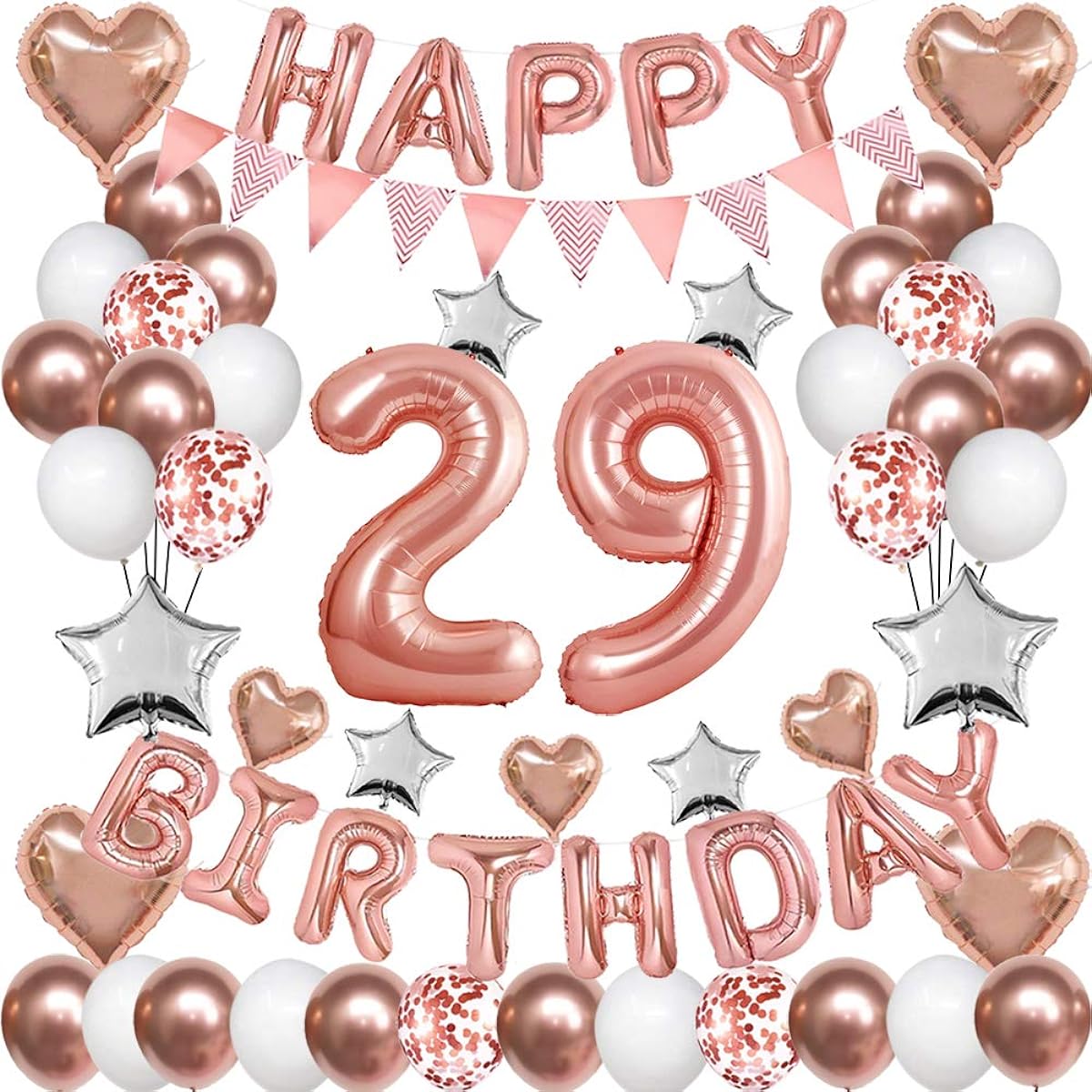 Rose Gold 29th Birthday Decorations for Women Girls 29th Birthday Balloons 29 Rose Gold Number Balloons Happy Birthday Banner Confetti Balloons Star Heart Foil Balloons