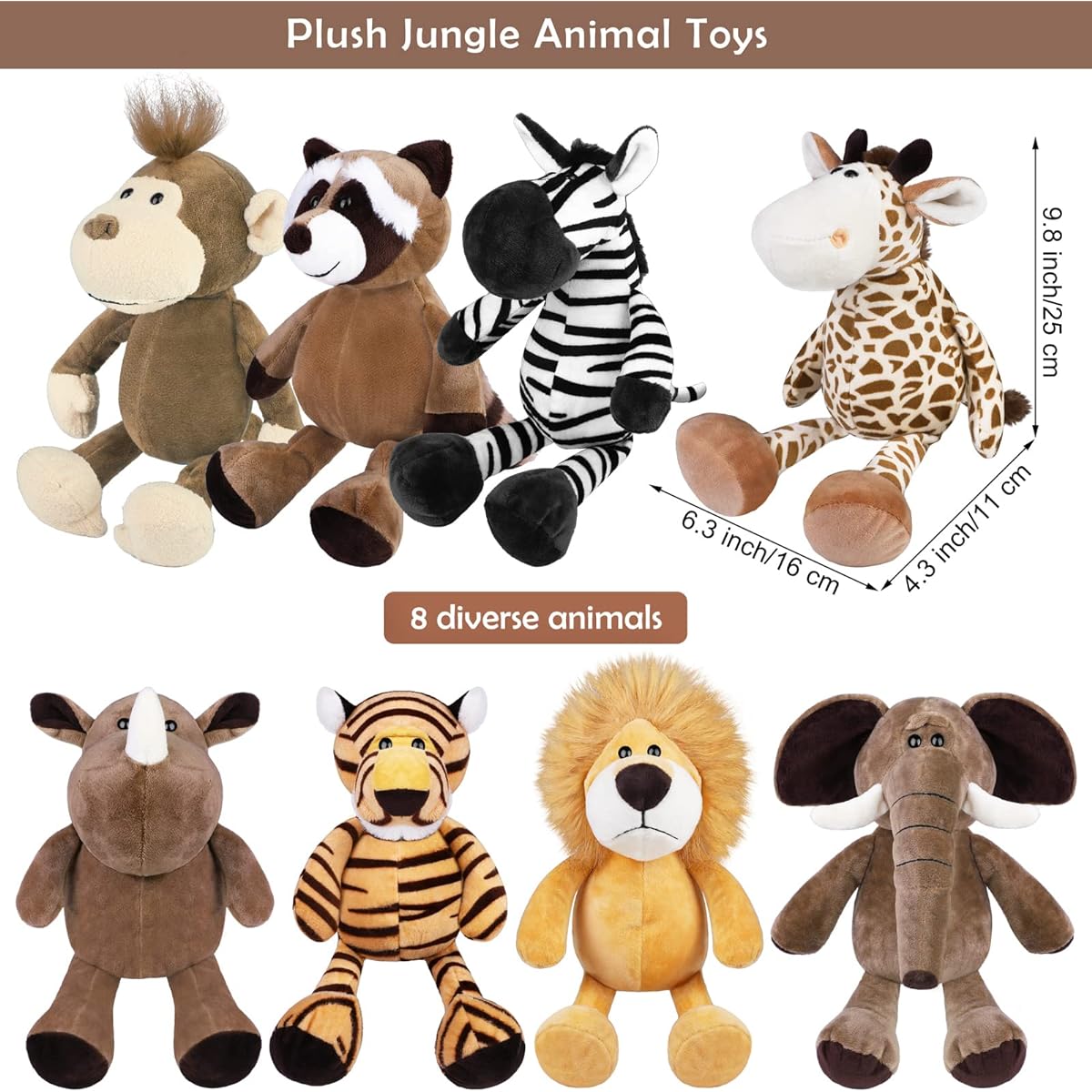 ELCOHO 8 Pieces Safari Plush Jungle Animal Toys 9.8 Inch Zoo Stuffed Animals Set Cute Plush Animal Theme Party Teacher Student Prizes