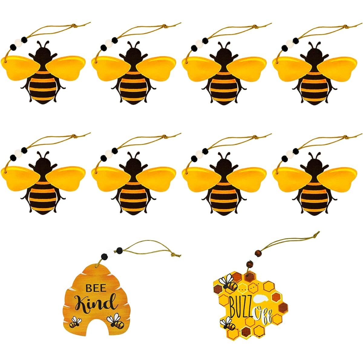 10pcs Beehive Honeycomb Bees Hanging Decorations Tree Wreath Tray Farmhouse Cute Honeycomb Kind Buzz Off Sign Bee Festival Holiday Home Decor Rustic Art Crafts