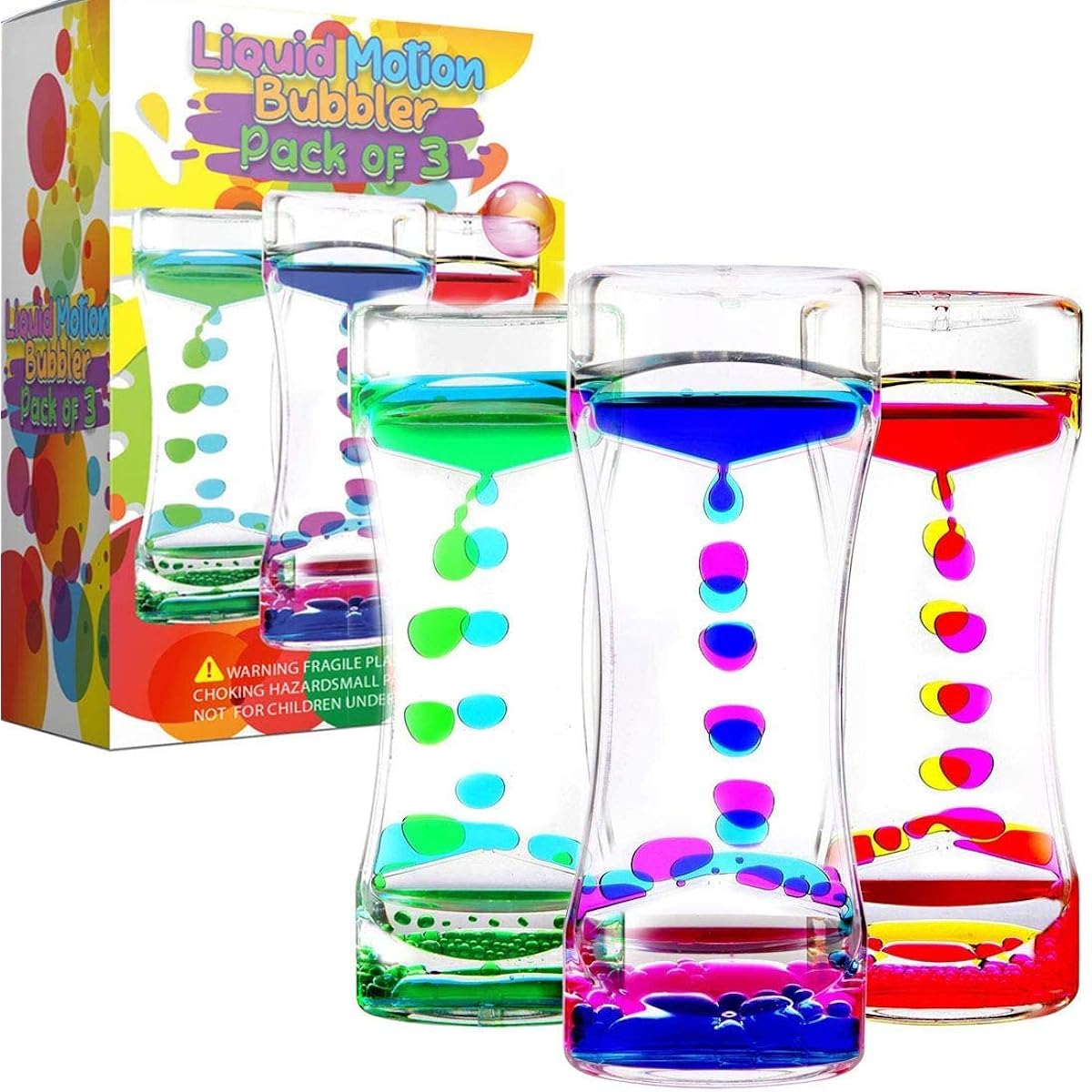 LIVOND Liquid Motion Bubbler Sensory Timer 2 Minutes – Large Calming Sensory Bubble Toy for Kids with Autism, ADHD, Anxiety and Special Needs (3 Pack)