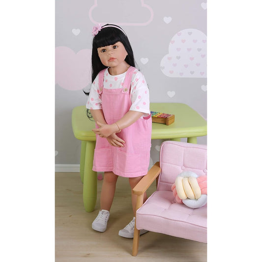 39 inch Rerborn Toddler Doll Girl Giant Standing Child Full Body Hard Vinyl Girl Black Long Hair Real Child Size 3 Years Old Dress Original Masterpiece Model Ball Jointed Doll Collection